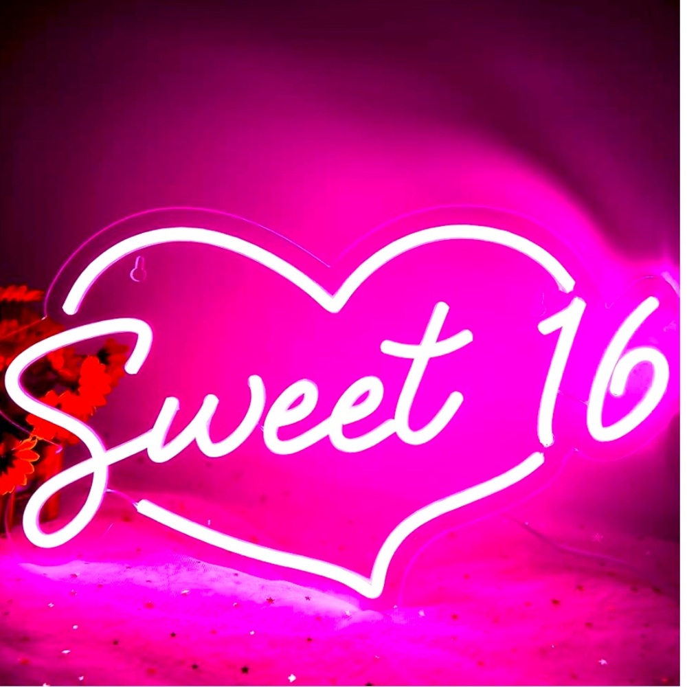Pink Sweet 16 neon sign with acrylic backer